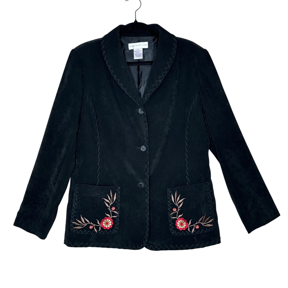VTG Susan‎ Graver Black Embroidered Blazer Jacket Faux Suede Size M Floral Retro